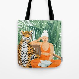 Jungle Vacay | Modern Bohemian Blonde Woman Tropical Travel | Leopard Wildlife Forest Reader Tote Bag