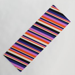 [ Thumbnail: Vibrant Midnight Blue, Orchid, Red, Beige & Black Colored Striped/Lined Pattern Yoga Mat ]