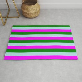 [ Thumbnail: Fuchsia, Green, and Powder Blue Colored Lines/Stripes Pattern Rug ]