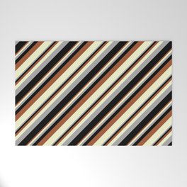 [ Thumbnail: Sienna, Light Yellow, Dark Grey, and Black Colored Stripes Pattern Welcome Mat ]