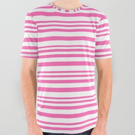 [ Thumbnail: Hot Pink and White Colored Lined/Striped Pattern All Over Graphic Tee ]
