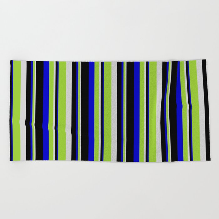 Light Grey, Green, Blue & Black Colored Lined Pattern Beach Towel