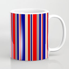 [ Thumbnail: Tan, Blue, Gray & Red Colored Lines/Stripes Pattern Coffee Mug ]