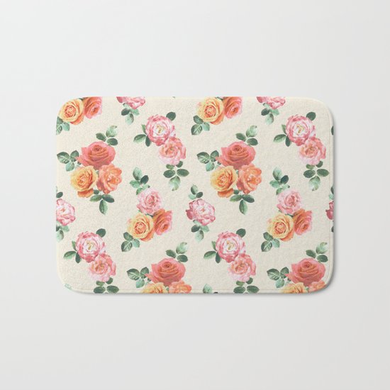 Retro Peach and Pink Roses Bath Mat