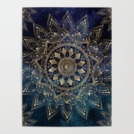 Elegant Gold Mandala Blue Galaxy Poster