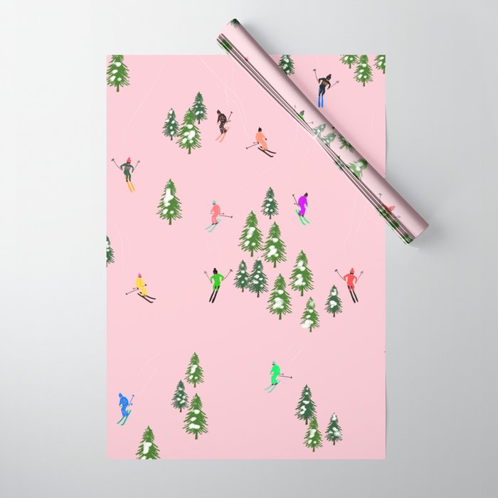 Pink retro skiers illustration - snow what fun down the ski slopes Wrapping Paper