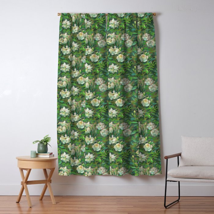 White Roses Green Leaves Blackout Curtain By Clipsocallipso