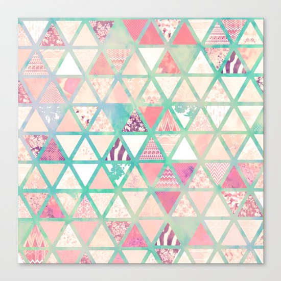 Pink Turquoise Abstract Floral Triangles Patchwork Canvas Print