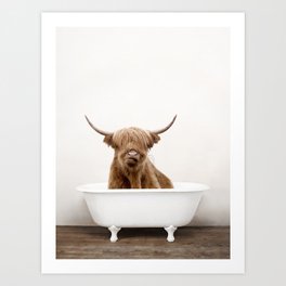 Highland Cow in a Vintage Bathtub Rustic Bath Style (c) Art Print