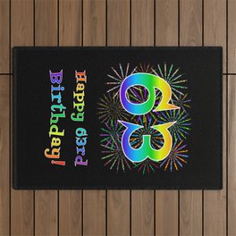 [ Thumbnail: 63rd Birthday - Fun Rainbow Spectrum Gradient Pattern Text, Bursting Fireworks Inspired Background Outdoor Rug ]