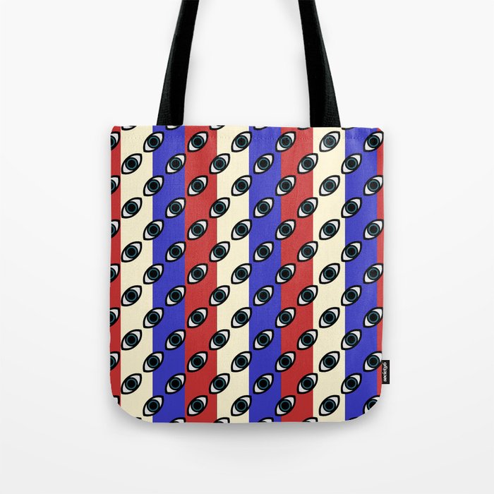 Blue red and white eyes pattern Tote Bag
