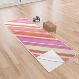 [ Thumbnail: Dark Salmon, Red, Violet, and Light Yellow Colored Lined/Striped Pattern Yoga Towel ]