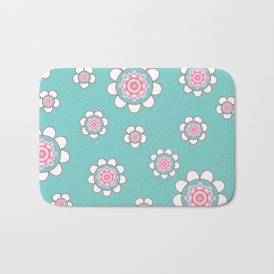 Mandala Flowers Pattern Blue Pink Bath Mat