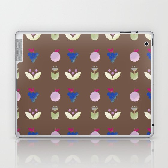 Simple modern flower and fruit pattern on dark brown background Laptop & iPad Skin