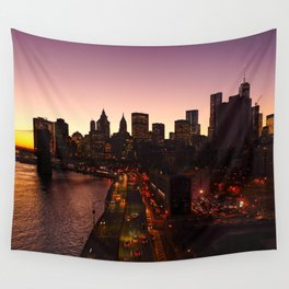 New York City Manhattan skyline and Brooklyn Bridge at sunset Wall Tapestry