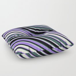 [ Thumbnail: Dark Slate Gray, Beige, Purple & Black Colored Lined Pattern Floor Pillow ]