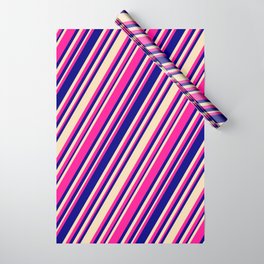 [ Thumbnail: Deep Pink, Blue, and Tan Colored Stripes/Lines Pattern Wrapping Paper ]