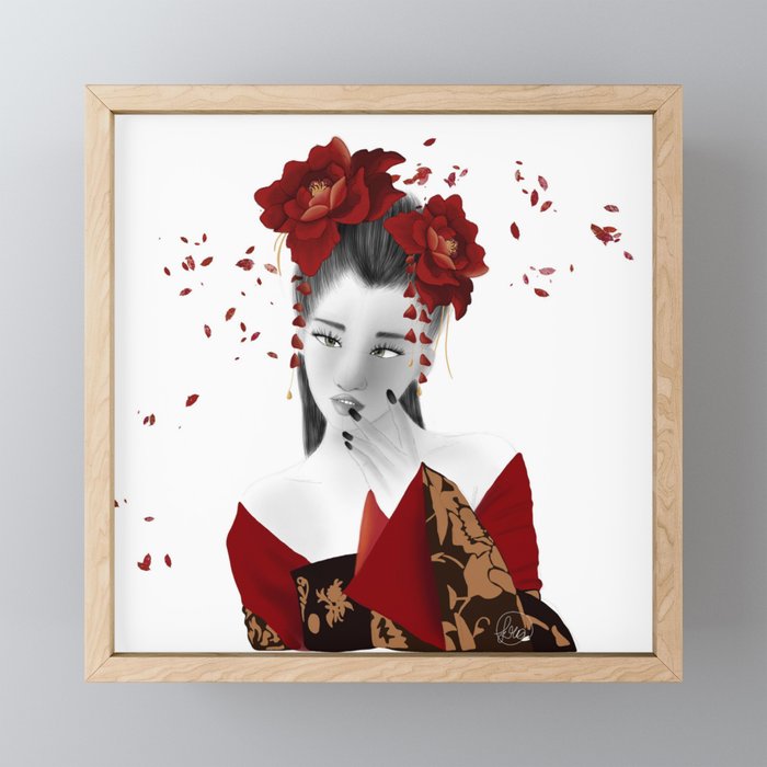 Geisha with red flowers Framed Mini Art Print