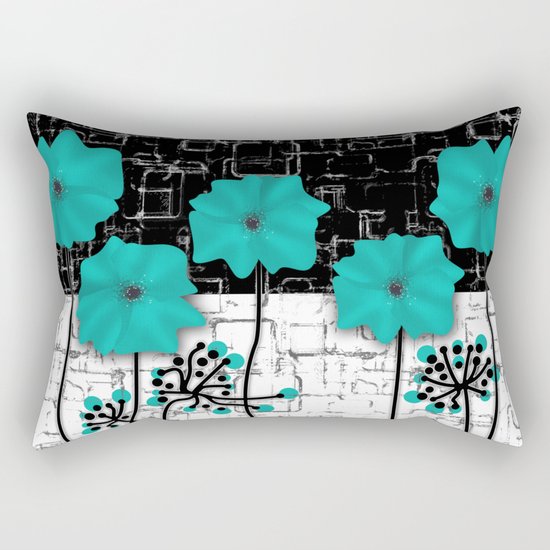Turquoise flowers on black and white background . Rectangular Pillow
