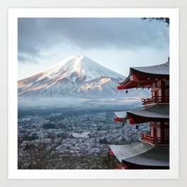 Japan Photography - Japanese Temple In Front Of Mount Fuji V.2 Art Print