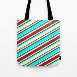 [ Thumbnail: Red, Cyan, and Light Yellow Colored Stripes Pattern Tote Bag ]