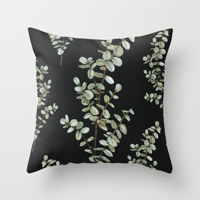 Baby Blue Eucalyptus Watercolor Painting on Charcoal Throw Pillow