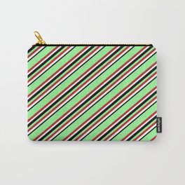 [ Thumbnail: Green, Red, White & Black Colored Lines/Stripes Pattern Carry-All Pouch ]