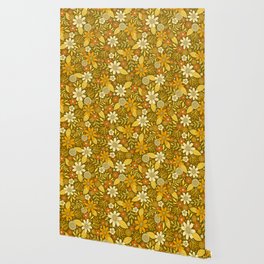 1970s Retro Flowers Pattern in Yellow, Orange & Olive Green Wallpaper