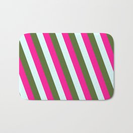 [ Thumbnail: Light Cyan, Dark Olive Green, and Deep Pink Colored Lines/Stripes Pattern Bath Mat ]