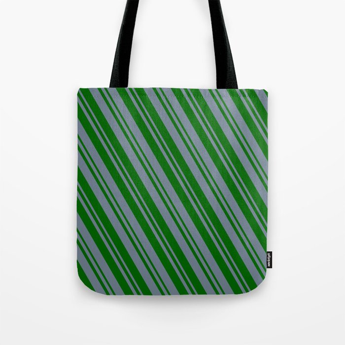 Slate Gray and Dark Green Colored Striped/Lined Pattern Tote Bag