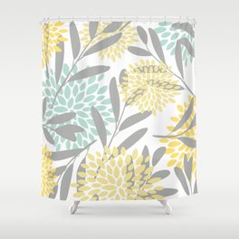 Floral Prints, Leaves and Blooms, Gray, Yellow and Aqua Shower Curtain