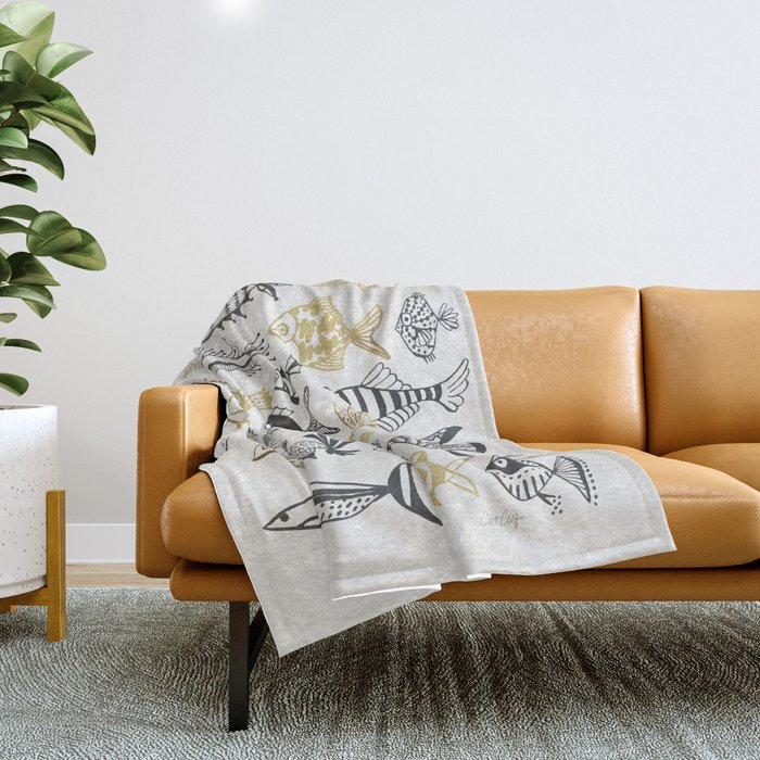 Inked Fish Black & Gold Throw Blanket by Cat Coquillette Society6