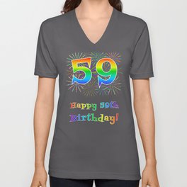 [ Thumbnail: 59th Birthday - Fun Rainbow Spectrum Gradient Pattern Text, Bursting Fireworks Inspired Background V Neck T Shirt V-Neck T-Shirt ]