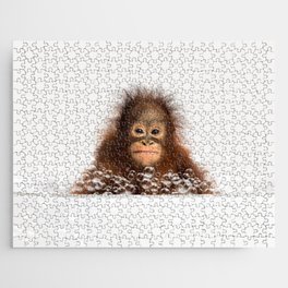 Monkey in a Bathtub, Baby Orangutan Taking a Bath, Bathtub Animal Art Print By Synplus Jigsaw Puzzle