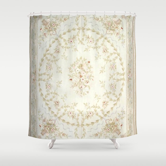 Antique French Aubusson Carpet Cream Rose Sage Floral Shower Curtain