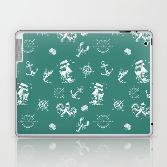 Green Blue And White Silhouettes Of Vintage Nautical Pattern Laptop & iPad Skin