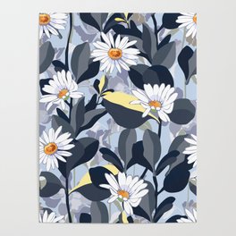 Navy Daisies With Leaves Poster