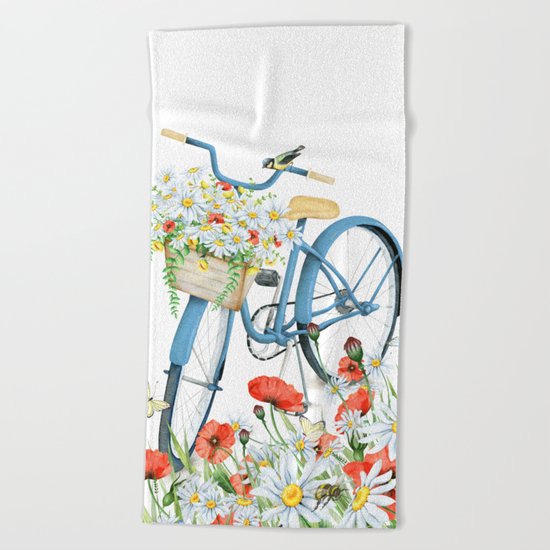 Blue bike & red poppy Beach Towel