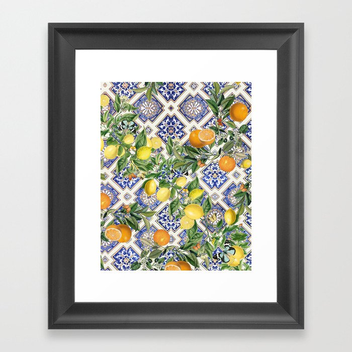 Sicilian Citrus, Mediterranean tiles & vintage lemons & orange fruit pattern Framed Art Print