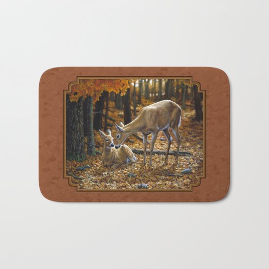 Whitetail Deer and Fawn in Autumn Bath Mat