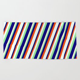 [ Thumbnail: Light Green, Blue, Red & Mint Cream Colored Stripes Pattern Beach Towel ]