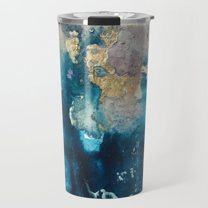 Timeless: A gorgeous, abstract mixed media piece in blue, pink, and gold by Alyssa Hamilton Art Travel Mug