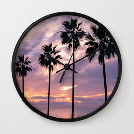 La Jolla Cloudy Palm Tree Silhouette Ocean Beach Sunset (Purple, blue) Wall Clock