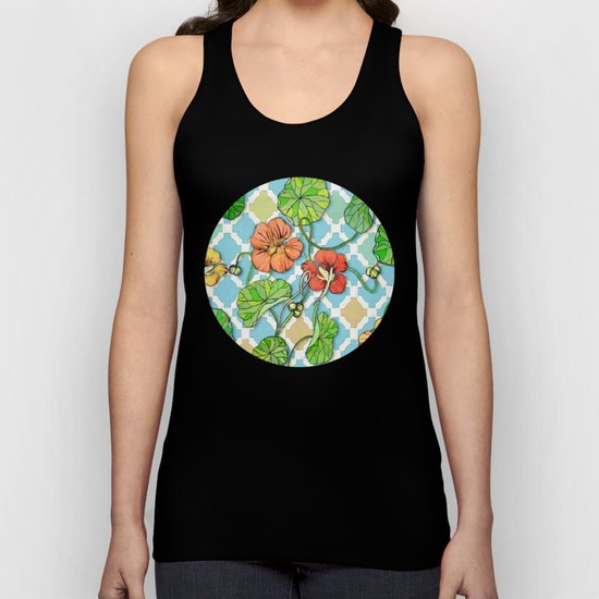 Climbing Nasturtiums on Blue and White Unisex Tank Top