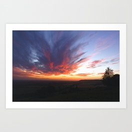 Dramatic red sunrise over the countryside hills, Aston Rowant Nature Reserve Art Print
