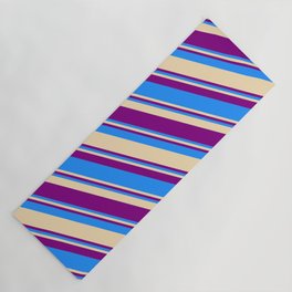 [ Thumbnail: Blue, Tan, and Purple Colored Striped Pattern Yoga Mat ]