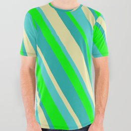 [ Thumbnail: Lime, Light Sea Green, Pale Goldenrod & Turquoise Colored Stripes/Lines Pattern All Over Graphic Tee ]