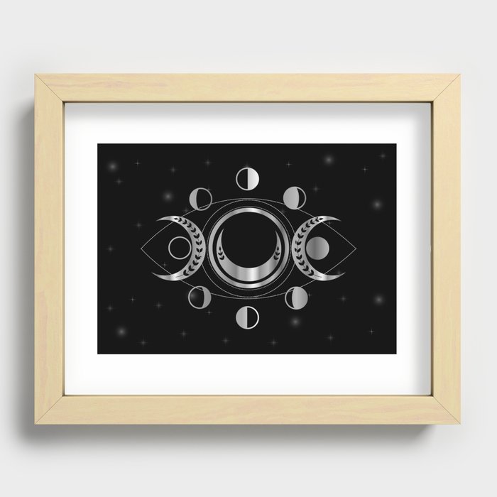 Triple moon goddess of fertility Wiccan and pagan symbol silver Recessed Framed Print