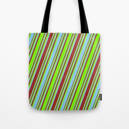 [ Thumbnail: Light Sky Blue, Brown, and Green Colored Striped/Lined Pattern Tote Bag ]