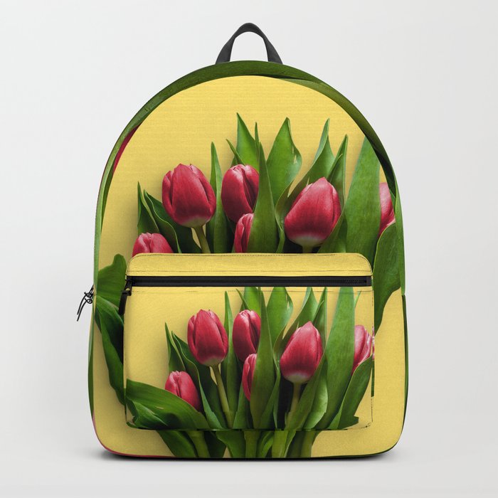 Yellow Bright Light Amber Pink Tulip Blossoms Flatlay Backpack
